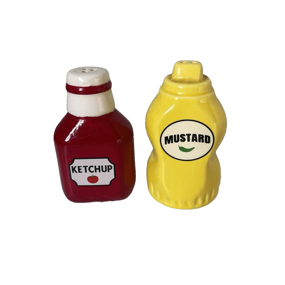 Ketchup Mustard Salt & Pepper Shakers Ceramic Red Yellow Cookware Set of 2